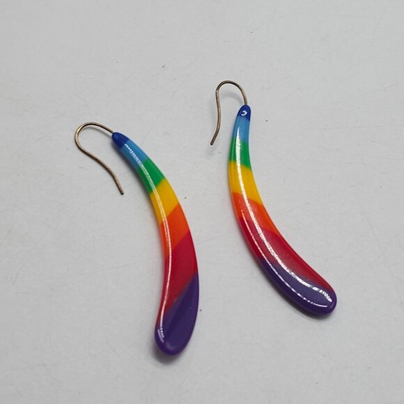 Rainbow Colored Resin Crescent Drop Earrings With Gold Tone Hooks LGBT+ - Picture 3 of 4